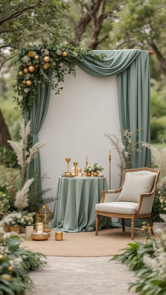 Sage green and gold wedding decor featuring a table, chair, and floral arrangements in an outdoor setting.