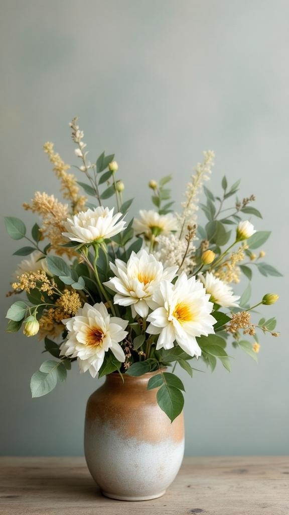A beautiful floral arrangement featuring sage green leaves and white flowers in a rustic vase.