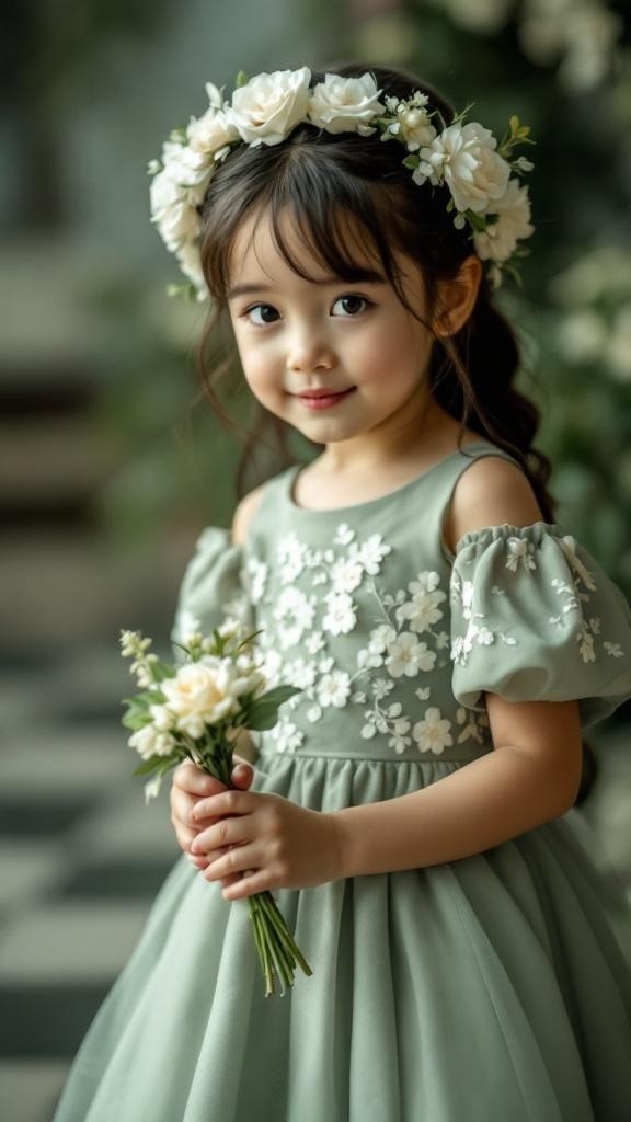A young girl wearing a sage green flower girl dress with floral embroidery and a flower crown, holding a small bouquet.