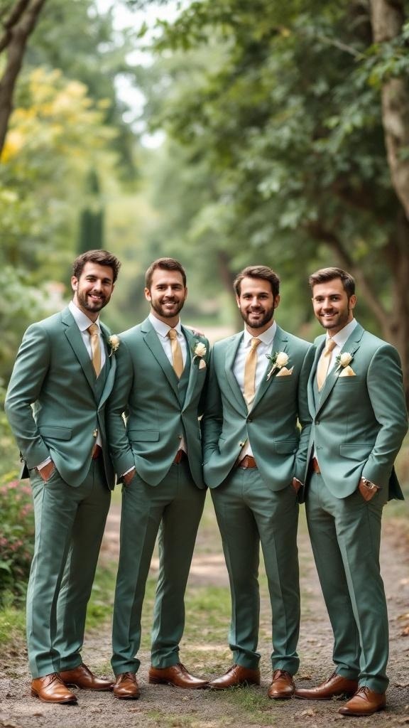 Groomsmen in sage green suits with gold accents standing together outdoors.