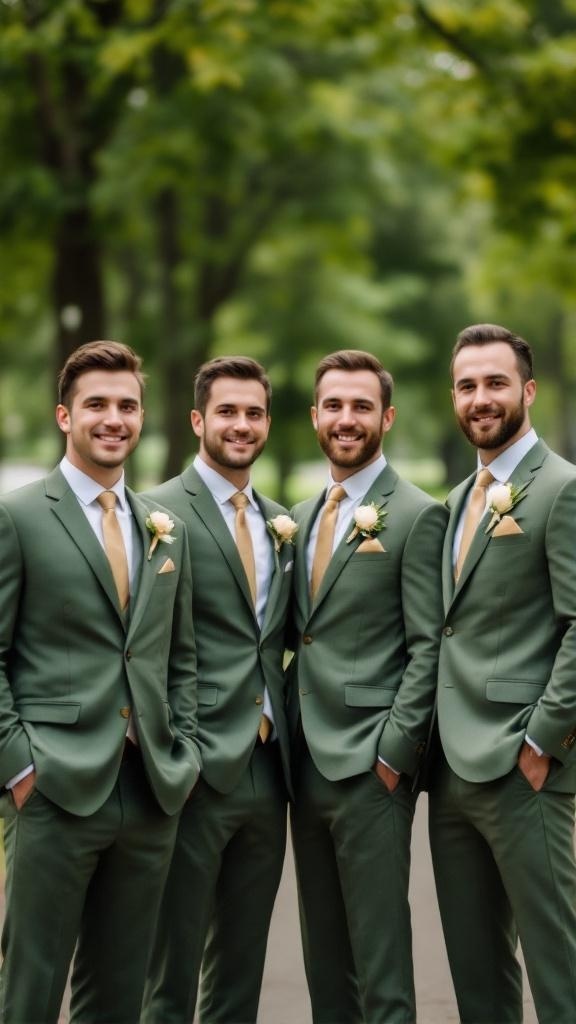 Four groomsmen in sage green suits with gold accents, smiling in a park setting.