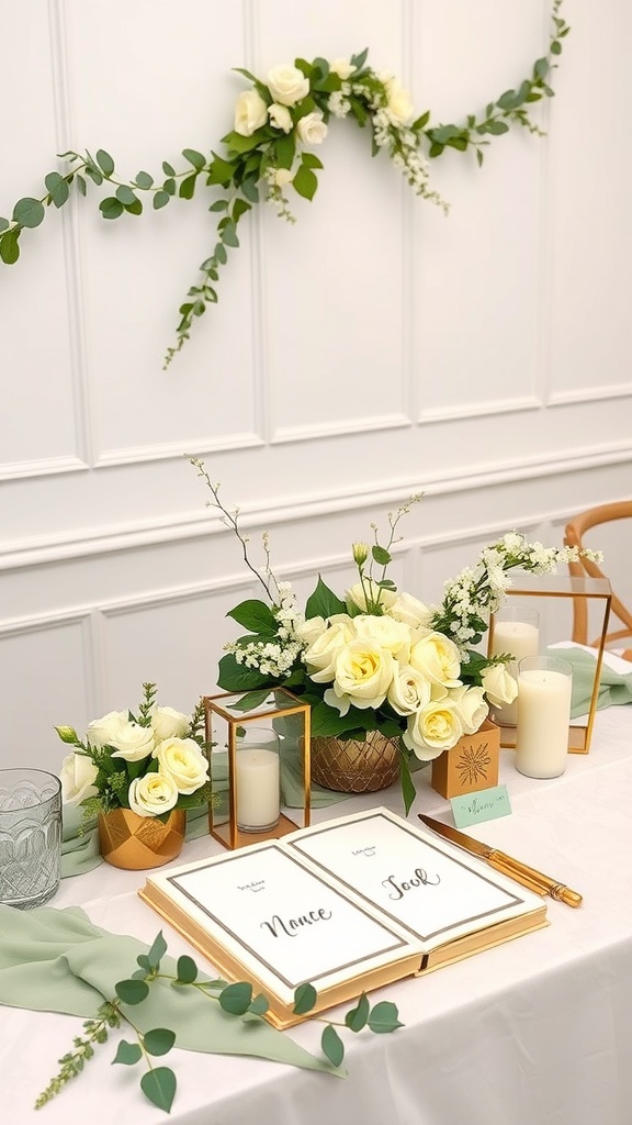 A beautifully arranged guest book table featuring sage green decor, white flowers, and gold accents.