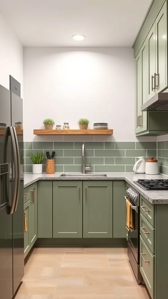 Small kitchen with sage green cabinets and light countertops