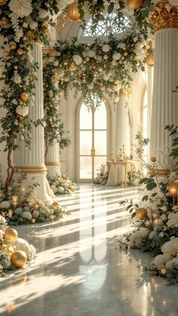 A beautifully decorated wedding venue with sage green and gold accents, featuring floral arrangements and soft lighting.