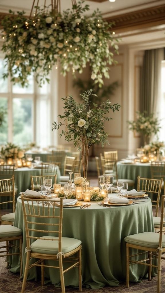 Elegant reception setup with sage green linens and gold accents.