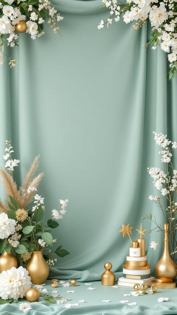 Sage green photo booth backdrop with white flowers and gold decorations.