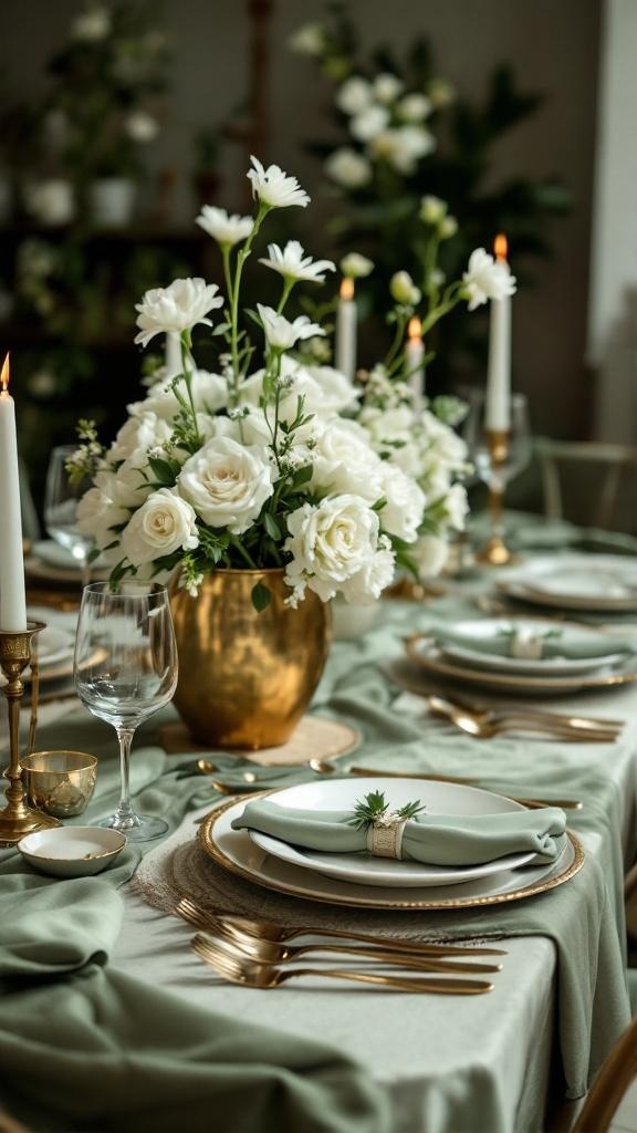 A beautifully set table featuring sage green linens, white flowers, and gold accents.