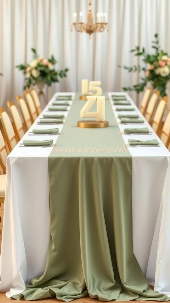 Elegant wedding table set with sage green table runners, white tablecloths, and gold accents.