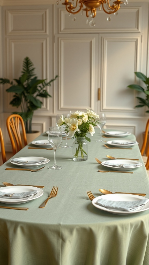A beautifully set table with sage green tablecloth, white plates, gold cutlery, and a floral centerpiece.