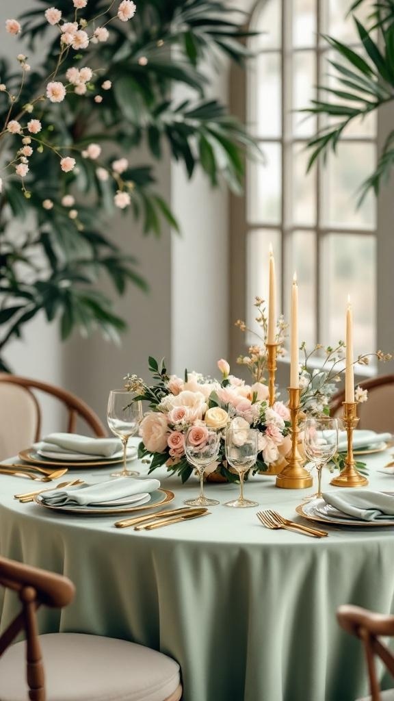 A beautifully set table featuring sage green tablecloth, gold accents, and floral arrangements.