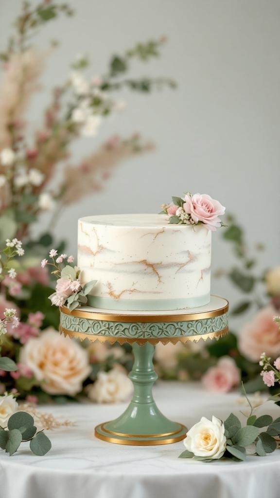 A sage green cake stand with a white cake decorated with pink roses and greenery, surrounded by flowers.
