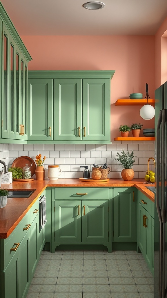 A kitchen featuring sage green cabinets with bright orange shelves and pink walls.