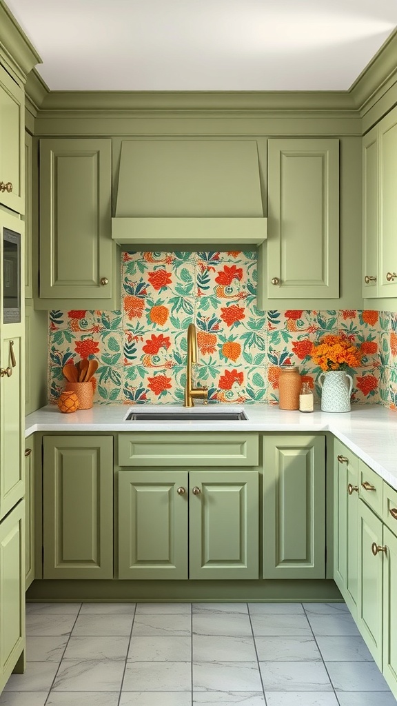 A kitchen featuring sage green cabinets and a colorful patterned backsplash.