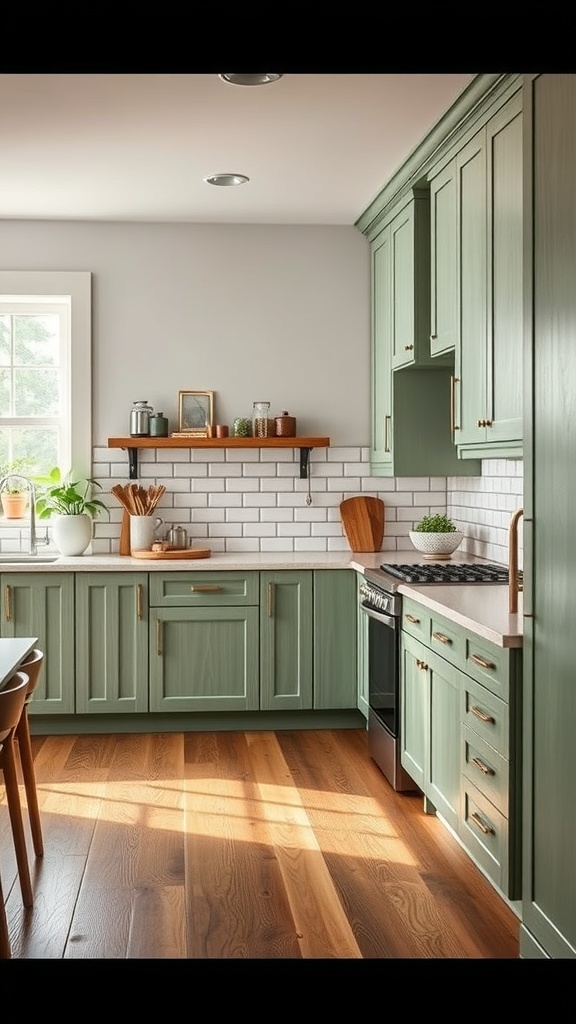 A kitchen featuring sage green cabinets with textured finishes and wooden flooring.