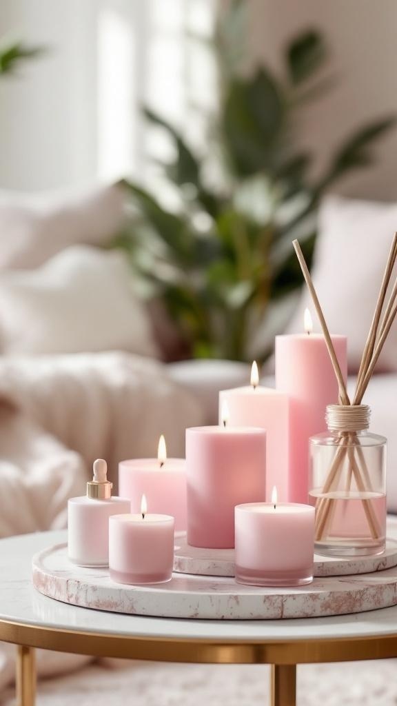 A collection of pink scented candles and a diffuser on a table.