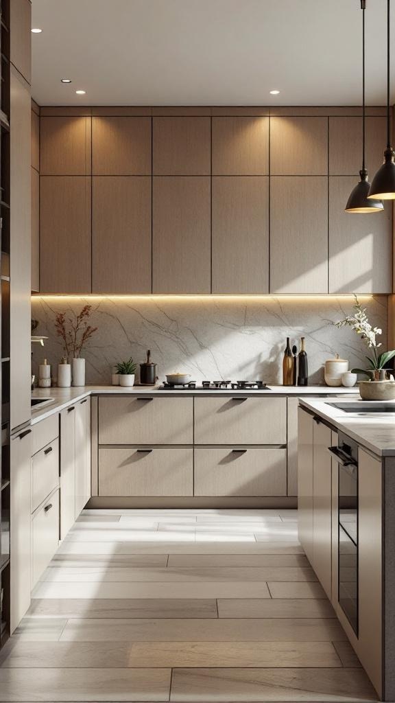Modern kitchen with seamless cabinet designs and warm lighting.