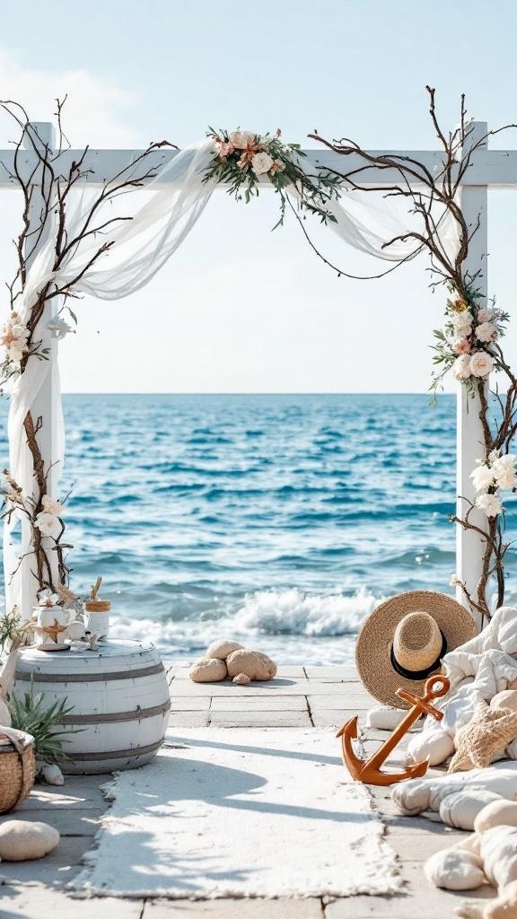 A beautiful seaside wedding setup with floral decorations and an ocean view.