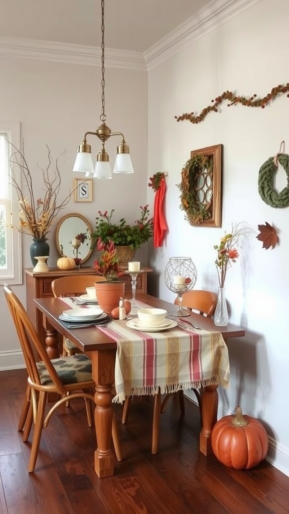 Small dining room decorated with fall elements including pumpkins and warm colors.