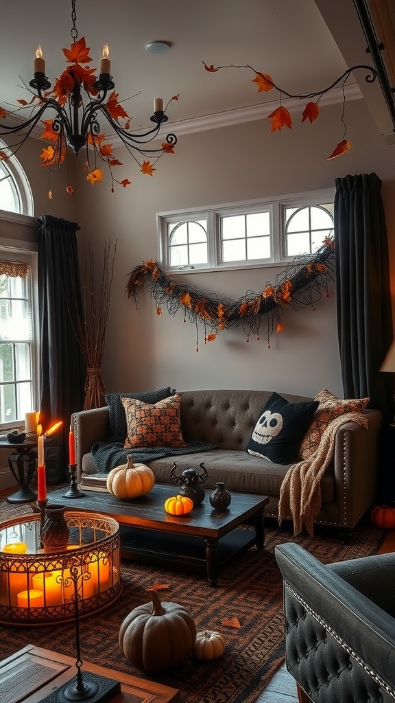 A flat lay of autumn leaves and berries on a dark background.