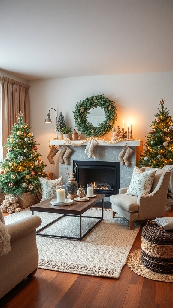Cozy winter living room with decorated Christmas trees, a fireplace, and seasonal decor.