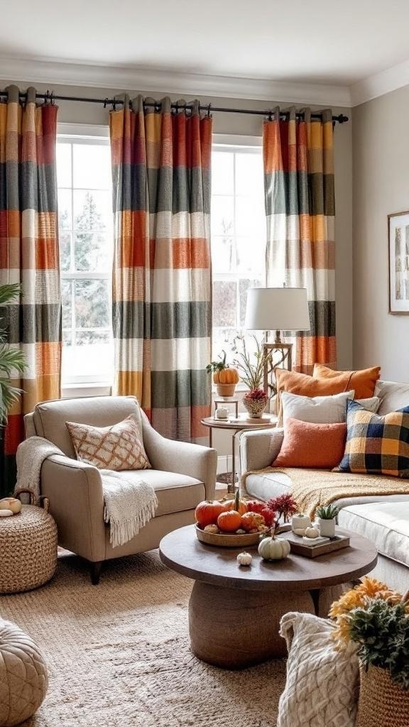 A cozy living room featuring multicolored patch curtains, a comfortable chair, and seasonal decor elements.