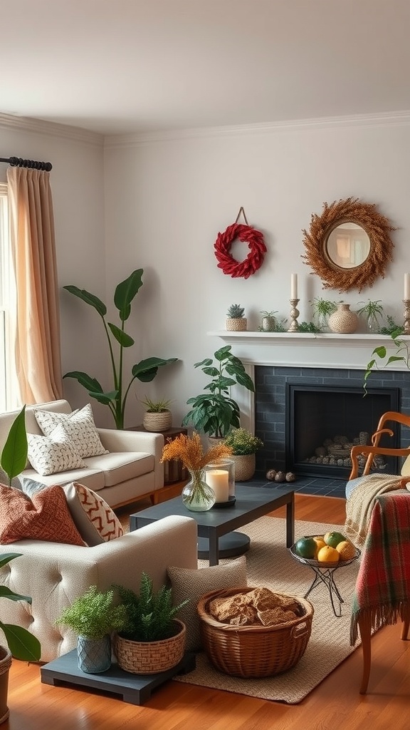 Cozy living room with seasonal plant decor, featuring a fireplace and comfortable seating.