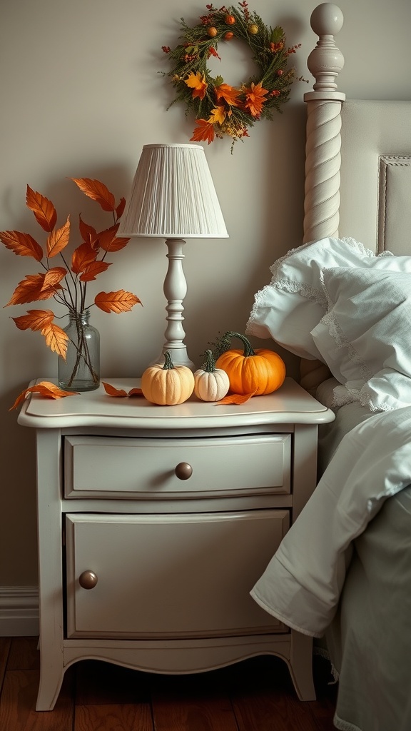 A cozy bedroom nightstand decorated with mini pumpkins, autumn leaves, and a warm lamp.