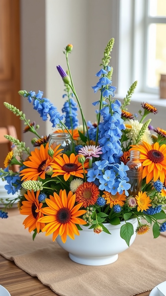 A beautiful arrangement of blue and orange wildflowers.