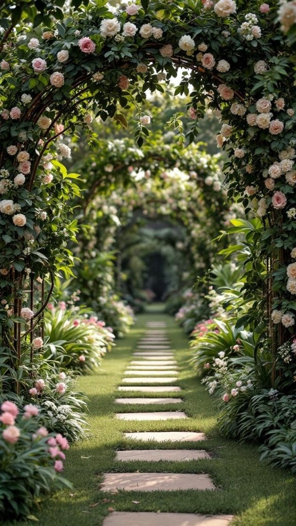 A beautiful garden pathway lined with flowers and greenery, creating a romantic setting.