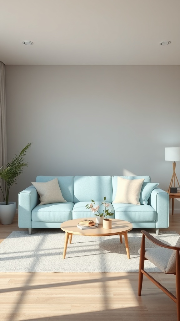 A serene living room featuring a sky blue sofa, light wooden coffee table, and a cozy rug.