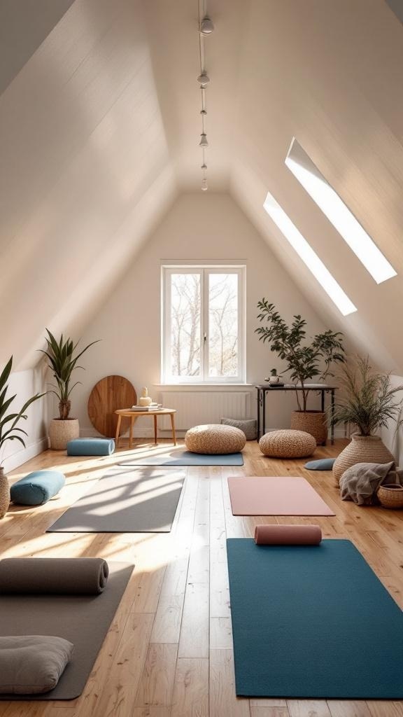 A serene attic yoga studio with natural light, featuring yoga mats, cushions, and plants.