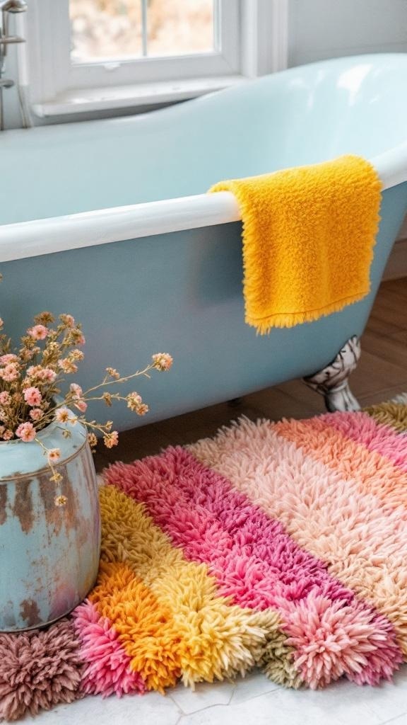 Colorful shaggy bath mat in a retro bathroom setting.