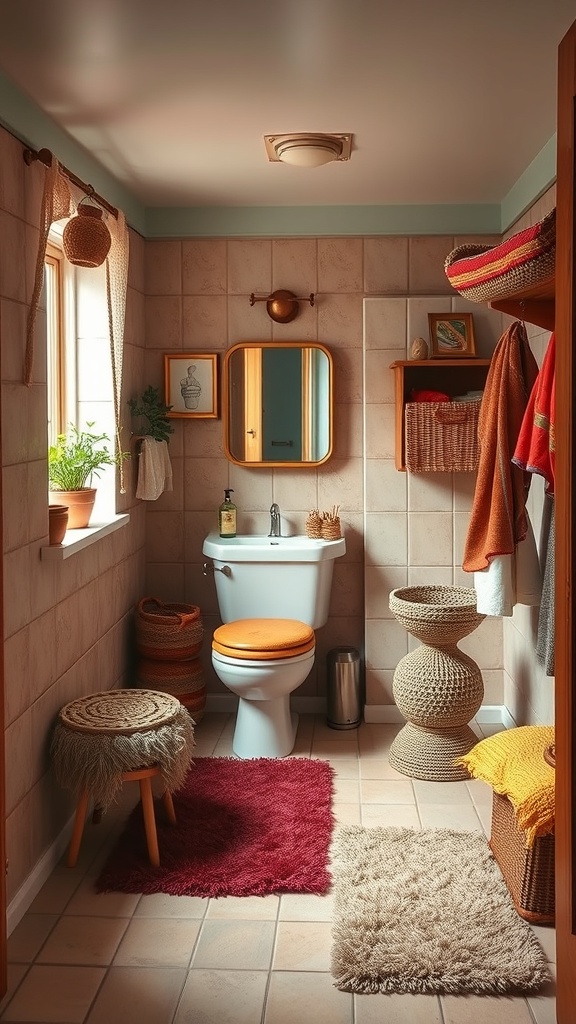 A cozy 70s bathroom featuring shaggy rugs and colorful textiles.