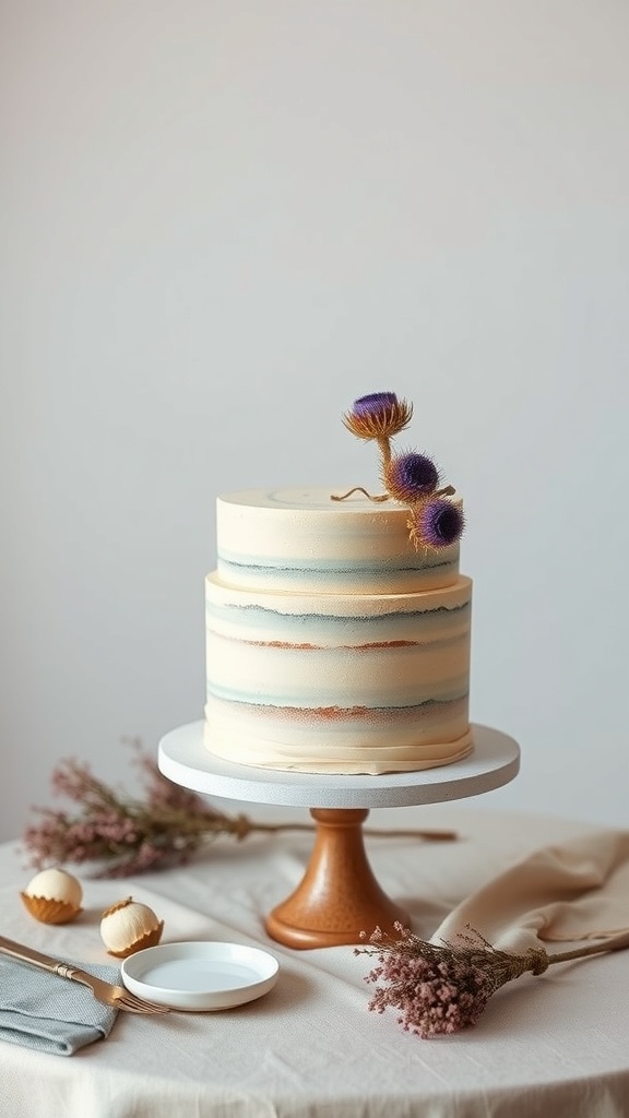 A simple khaki wedding cake decorated with dried thistle on a wooden stand.