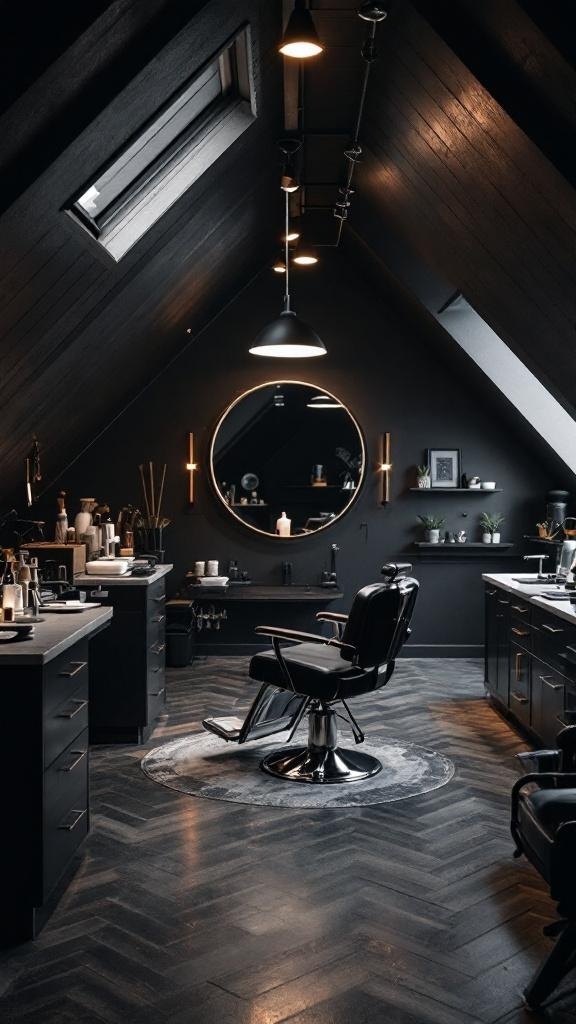 A modern attic barbershop featuring dark decor, stylish barber chair, and sleek furnishings.