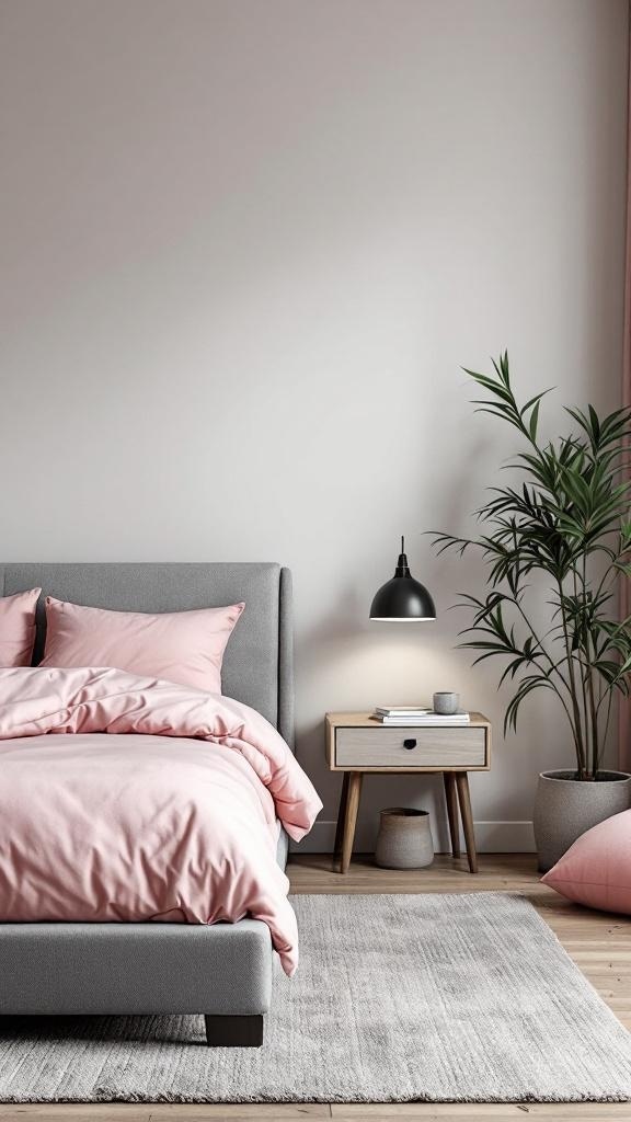 A stylish bedroom featuring a gray bed frame with pink bedding, a nightstand, and a plant.