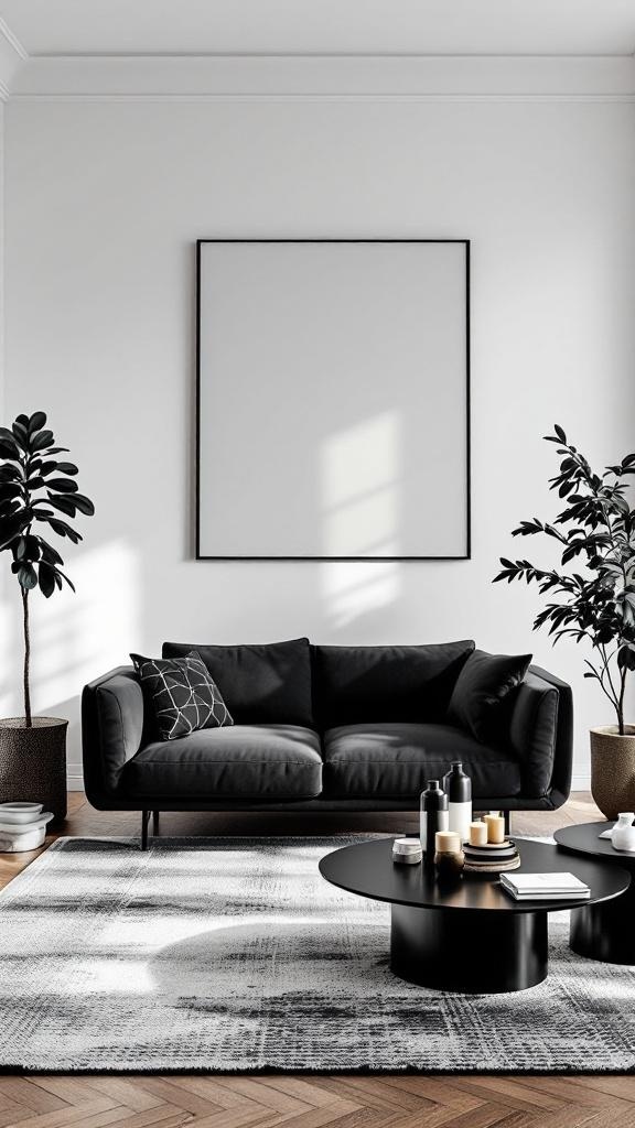 A stylish living room featuring a black sofa, round coffee table, and plants.