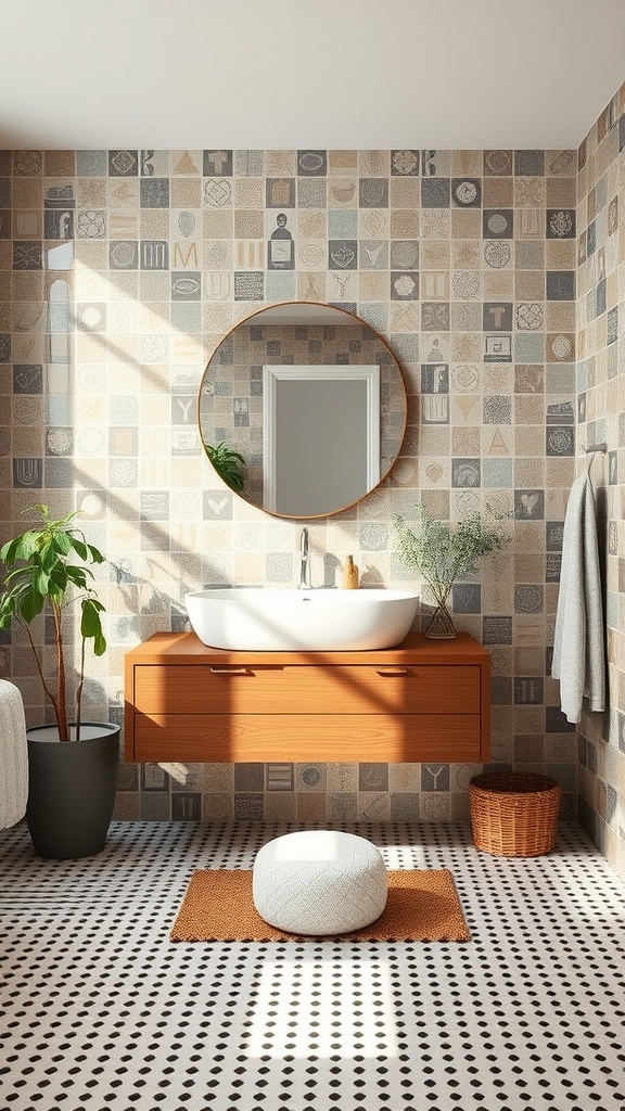 A stylish bathroom featuring a sleek floating vanity with a round mirror, patterned wall tiles, and a cozy rug.