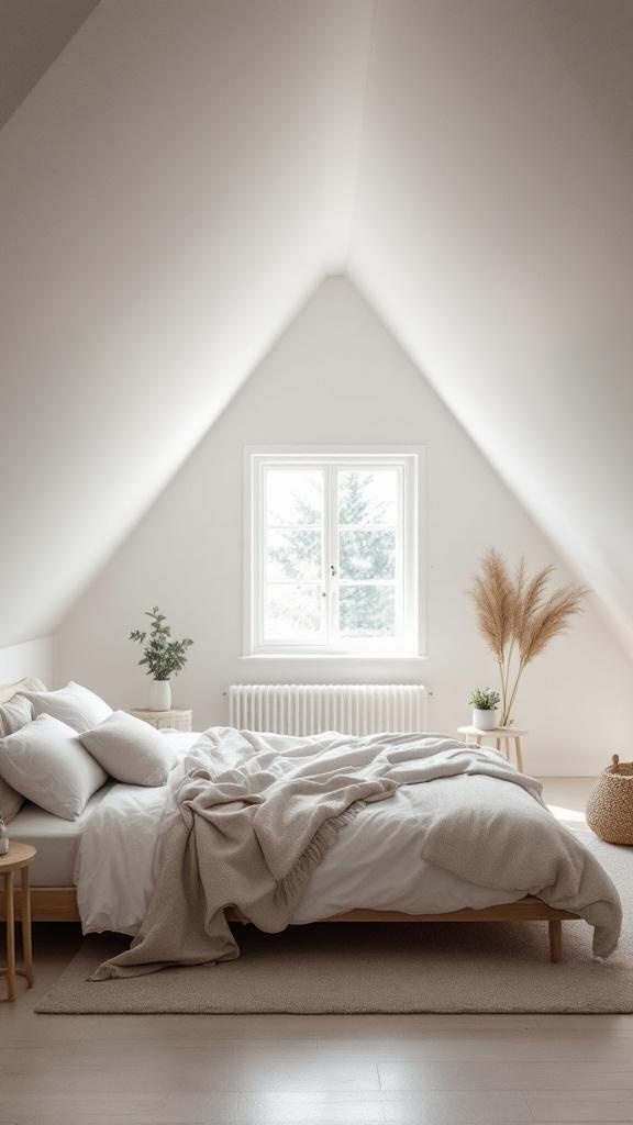 A minimalist attic bedroom featuring a bed with soft linens, a window, and simple decor.