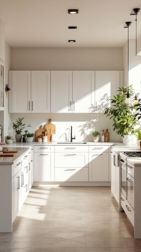 Bright kitchen with modular cabinets and plants on the counter