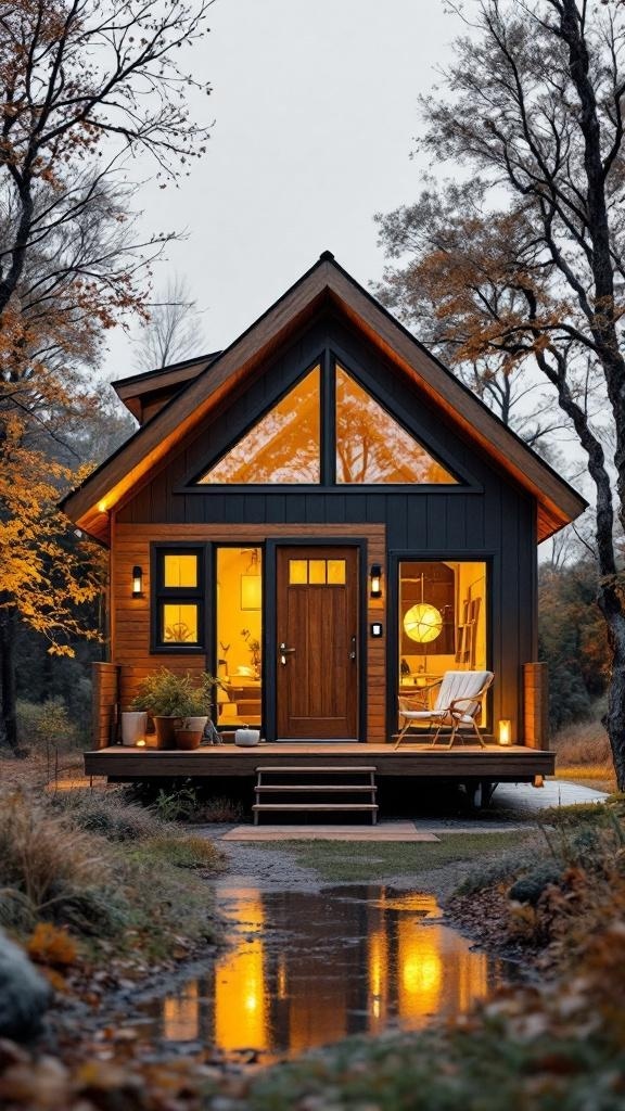 A cozy luxury tiny house with large windows and warm lighting, surrounded by nature.