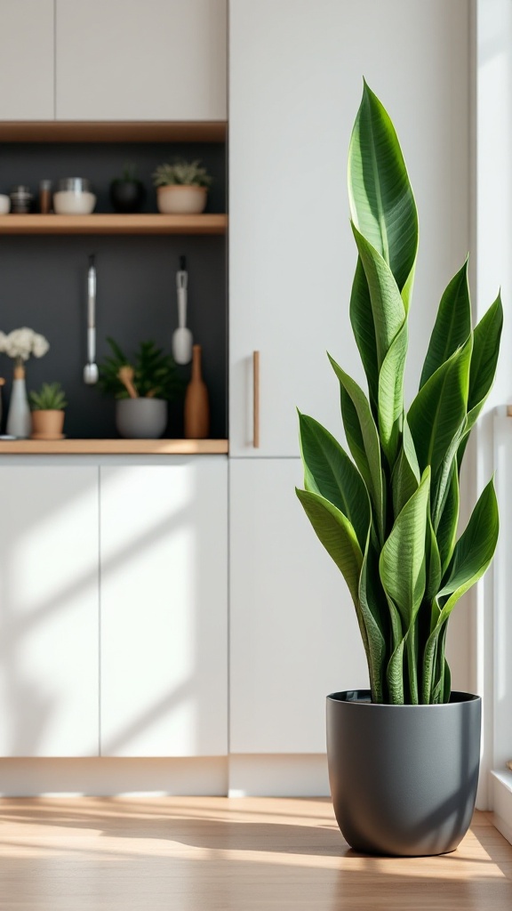 A Snake Plant in a modern kitchen setting with minimal decor.