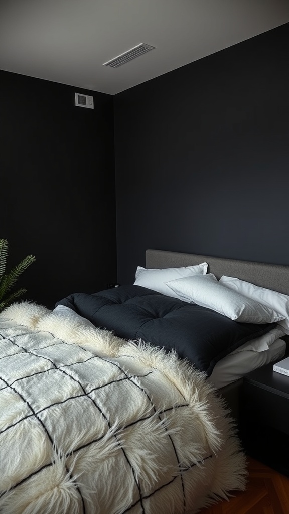 Cozy black bedroom with soft bedding and plush pillows