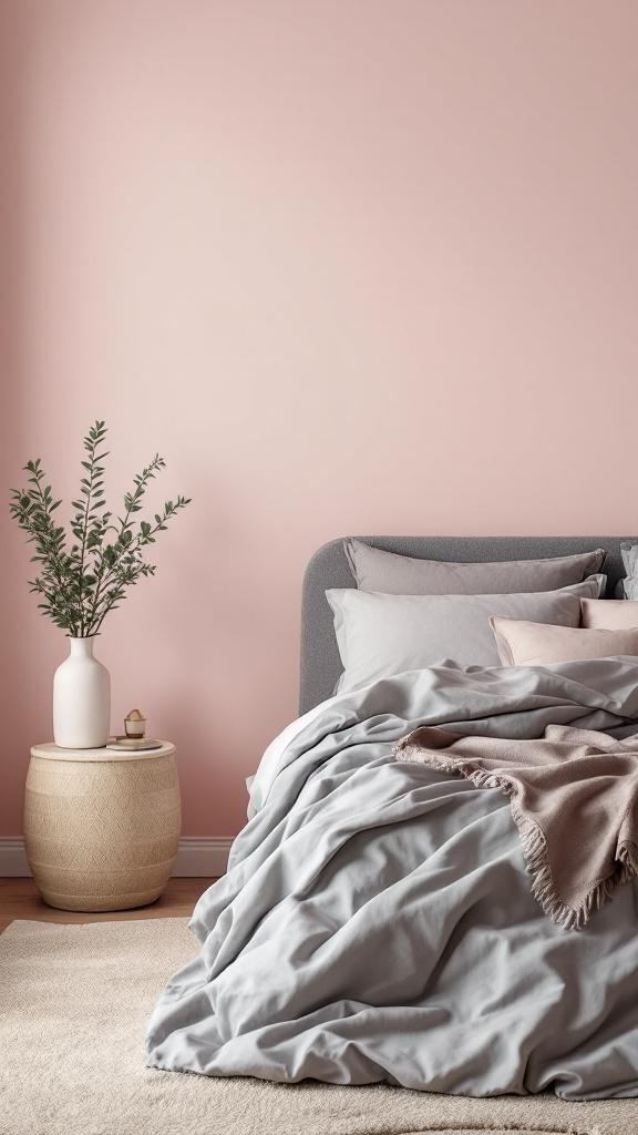 A cozy bedroom with soft blush walls, grey bedding, and a plant