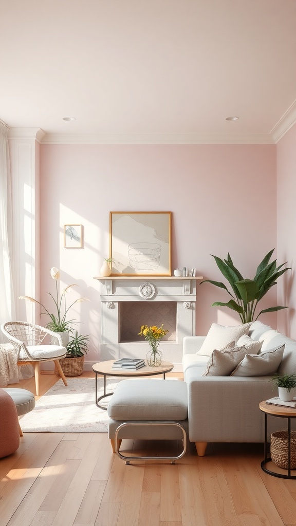 Cozy living room with soft color palette, featuring light pink walls and comfortable furniture.