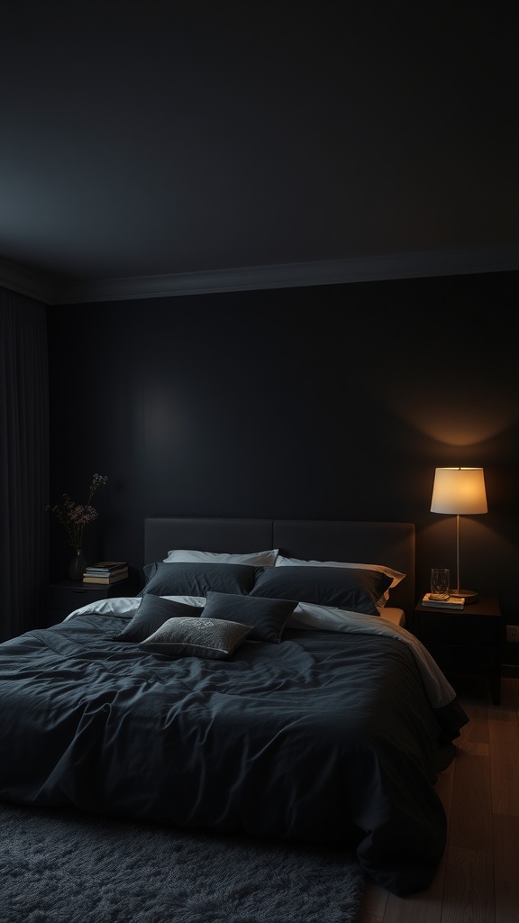 Cozy black bedroom with soft lighting and plush bedding.