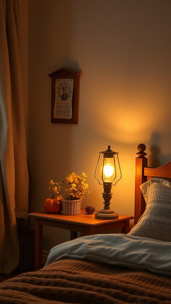 A vintage table lamp casting warm light in a cozy bedroom setting.
