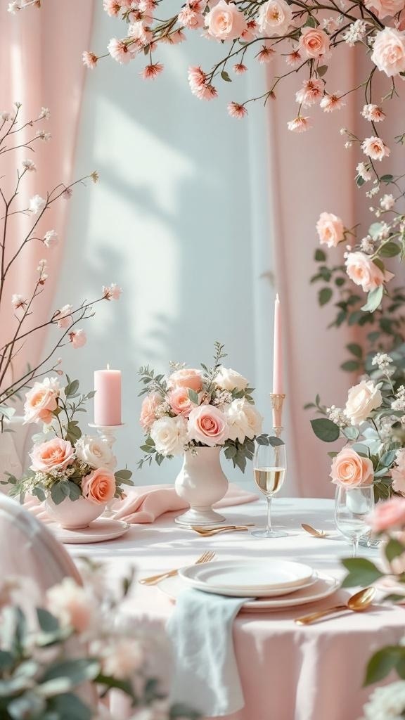A beautifully arranged vintage tea party wedding table featuring soft pastel colors, flowers, and elegant tableware.