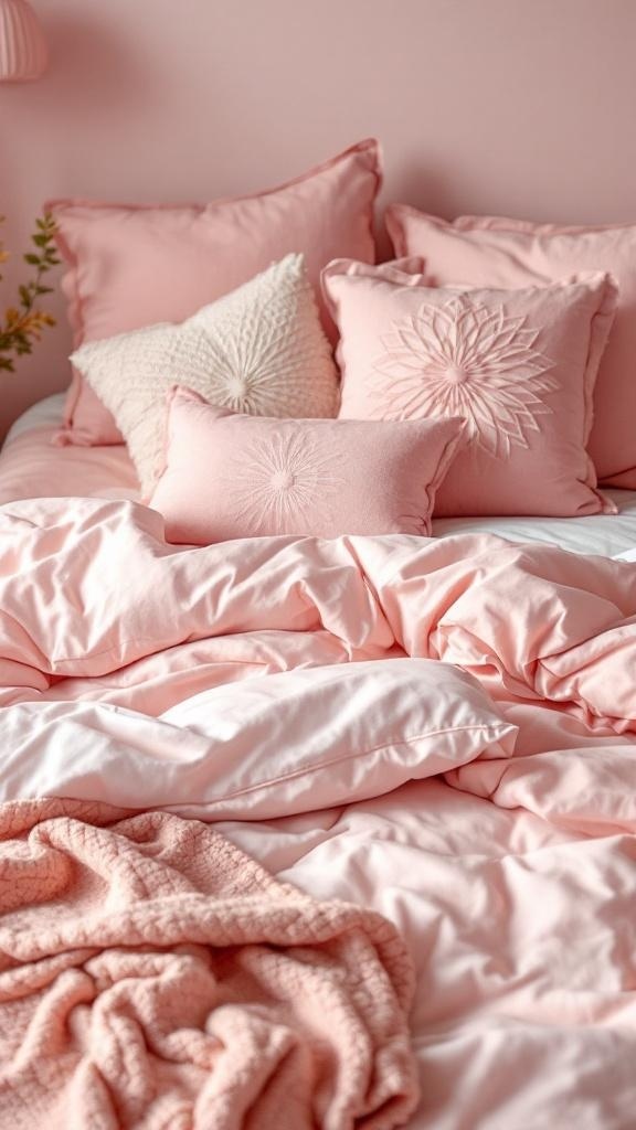 Soft pink bedding with decorative pillows and a cozy throw