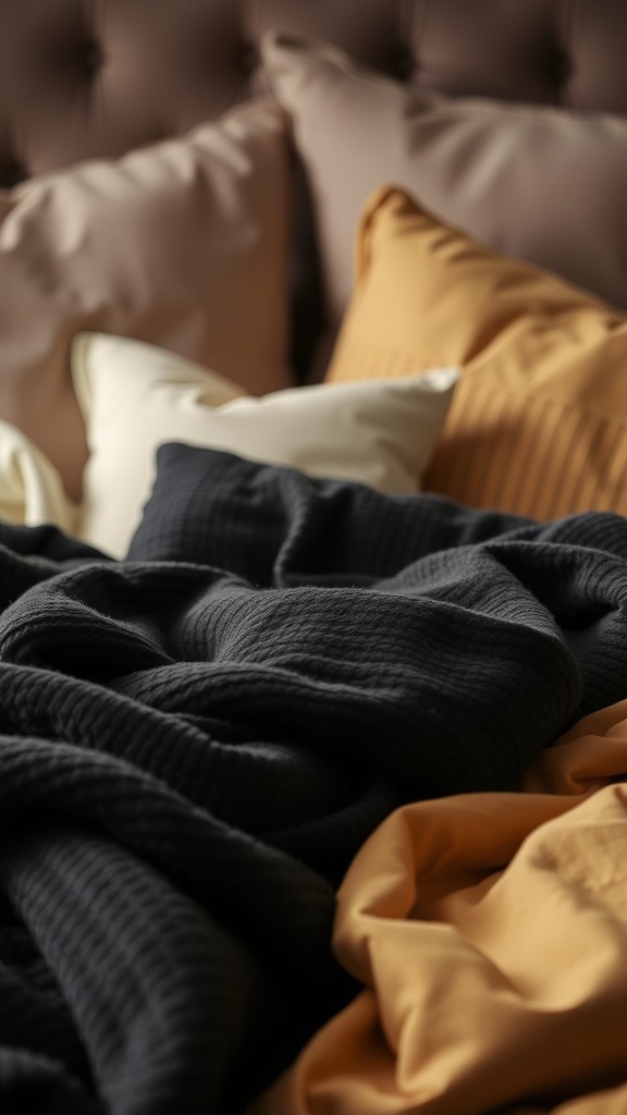 Cozy black and gold bedroom with soft textures and pillows.